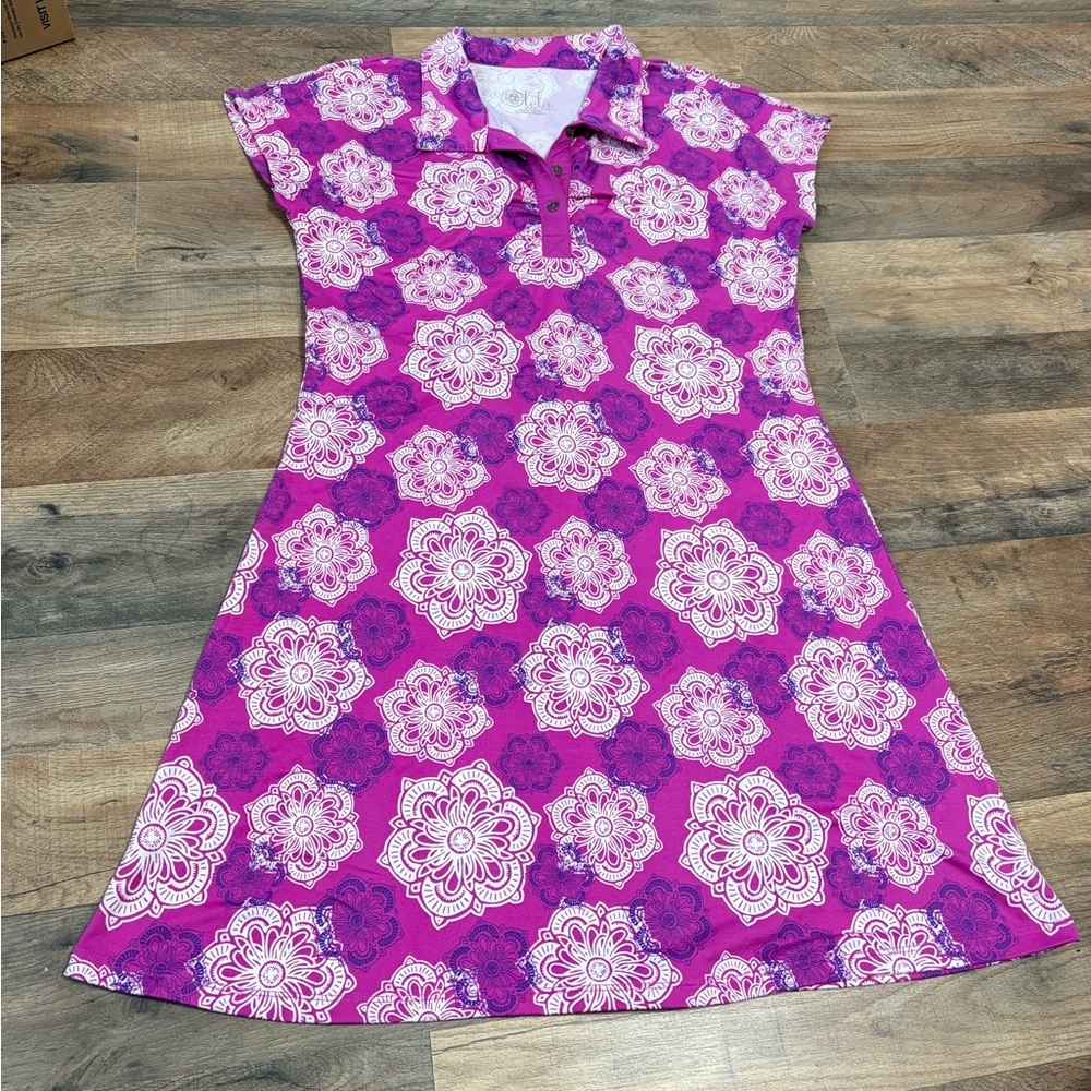 💜 Lola Purple Floral Polo Dress – Short Sleeve | A-Line Fit - Picture 2 of 5